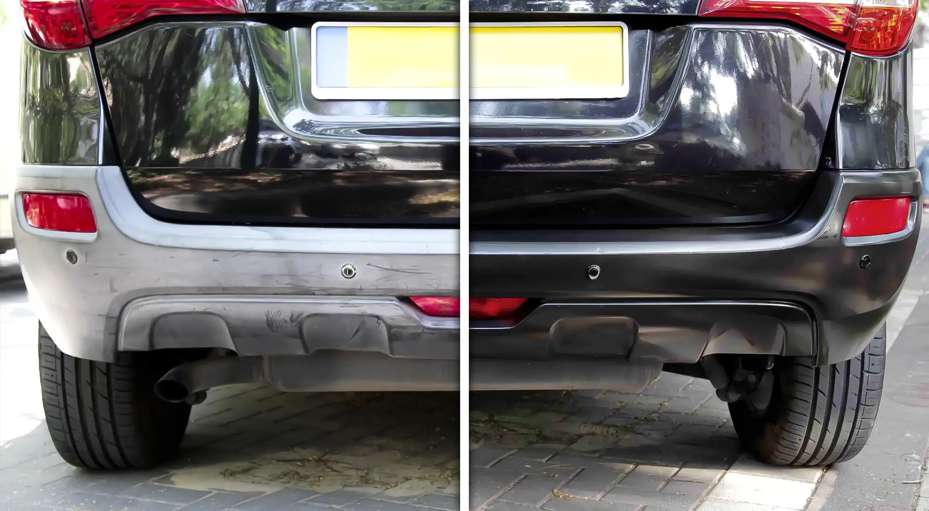 Before and after applying Polytrol to a car bumper
