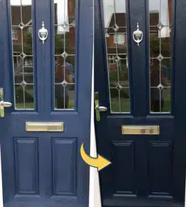 before and after polytrol on blue doors