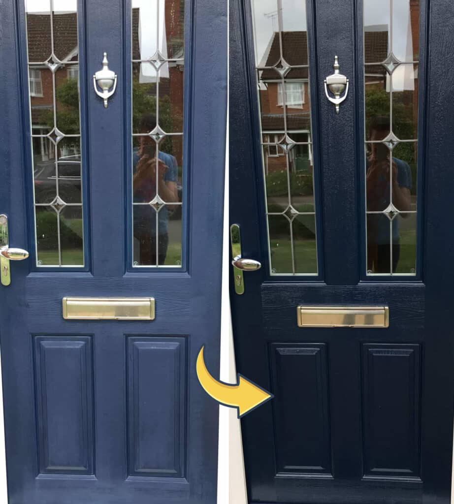before and after polytrol on blue doors