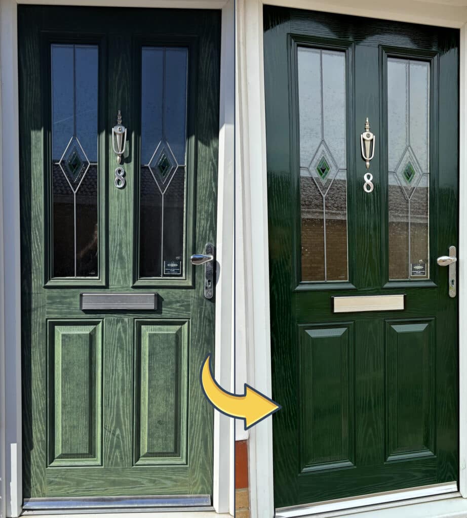 before and after polytrol on green doors