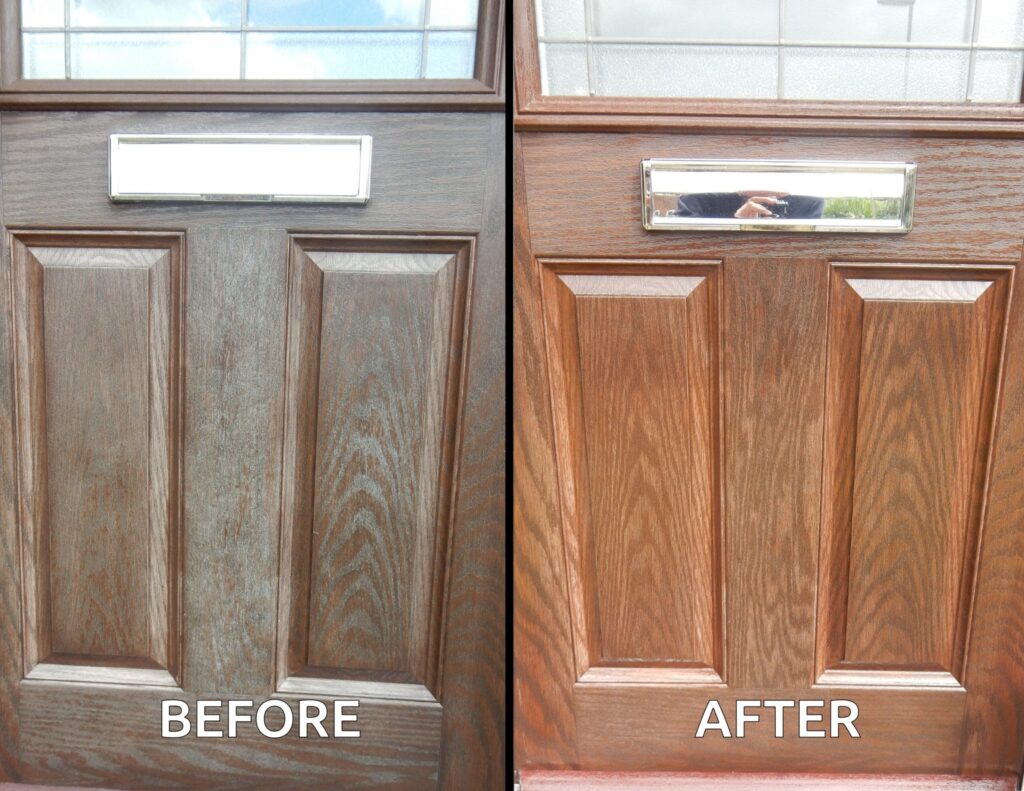 Before and after composite door treated with Polytrol Before and after composite door treated with Polytrol