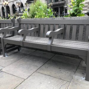 Seats installed outside London Bank, The Royal Exchange. Finished with Aquadecks in Graphite Grey by Branson Leisure.