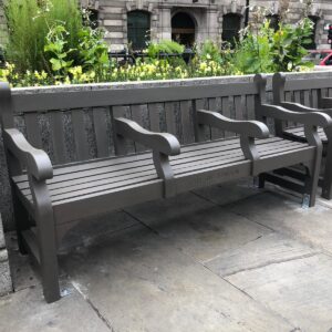 Seats installed outside London Bank, The Royal Exchange. Finished with Aquadecks in Graphite Grey by Branson Leisure.