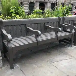 Seats installed outside London Bank, The Royal Exchange. Finished with Aquadecks in Graphite Grey by Branson Leisure.