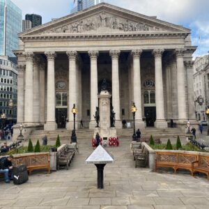 Textrol HES in Rustic Oak used by Branson Leisure on benches outside Royal Exchange in London.