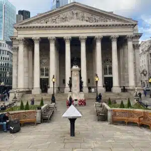 Textrol HES in Rustic Oak used by Branson Leisure on benches outside Royal Exchange in London.
