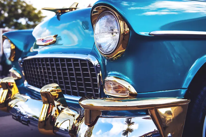 Close up classic blue car