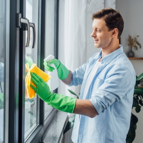 Man cleaning interior windows