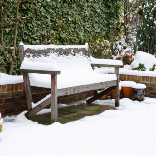 Garden bench covered in snow