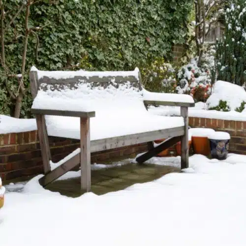 Garden bench covered in snow