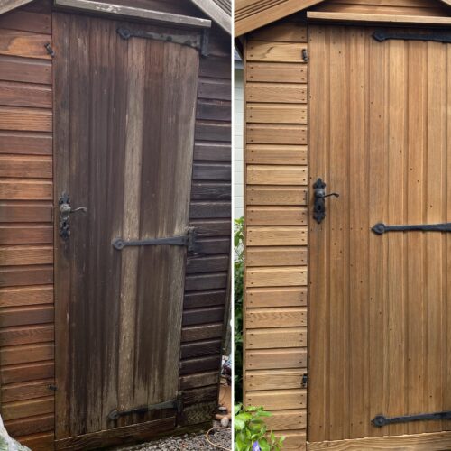 Cedar shed before and after Owatrol by Karen Park