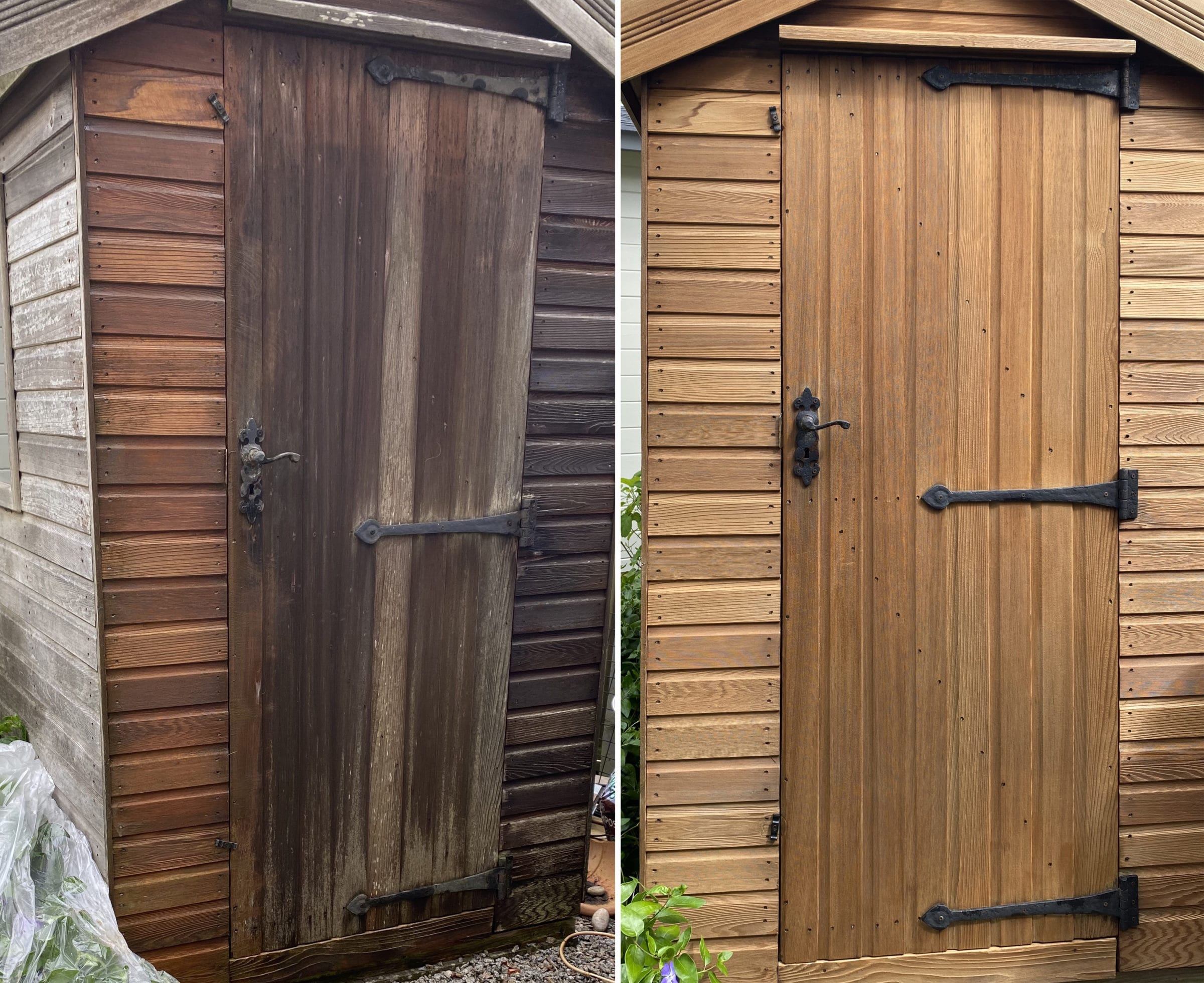 Cedar shed before and after Owatrol by Karen Park
