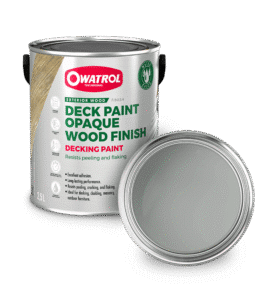 Aged Grey Decking Paint Swatch with tin