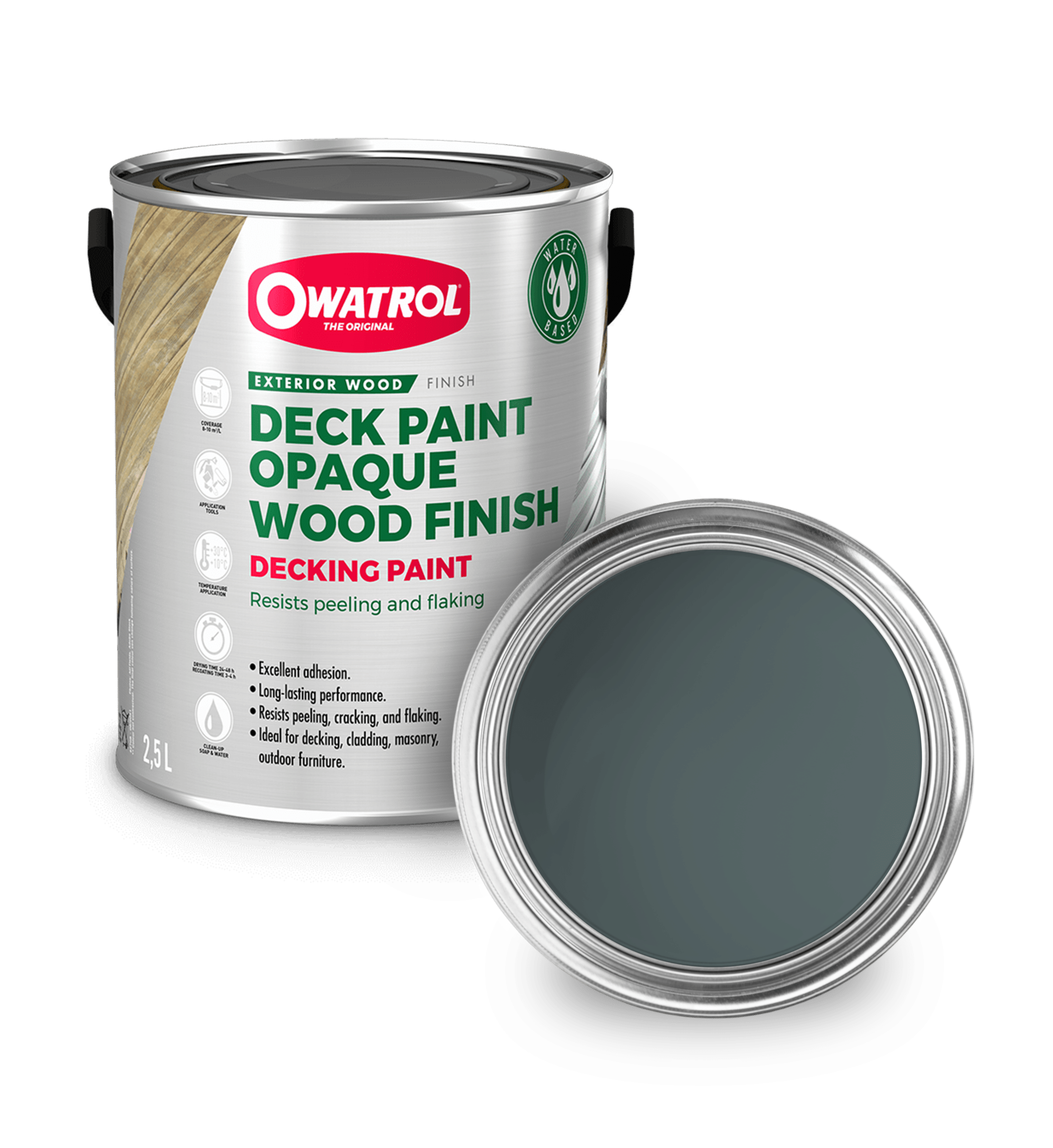 Blue Grey Decking Paint swatch with tin