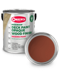 Deep Red Decking Paint swatch with tin