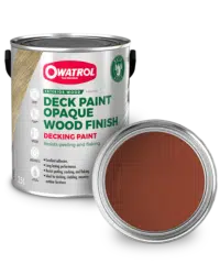 Deep Red Decking Paint swatch with tin