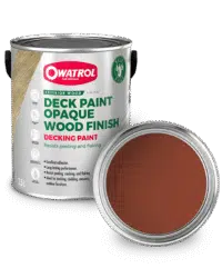 Deep Red Decking Paint swatch with tin