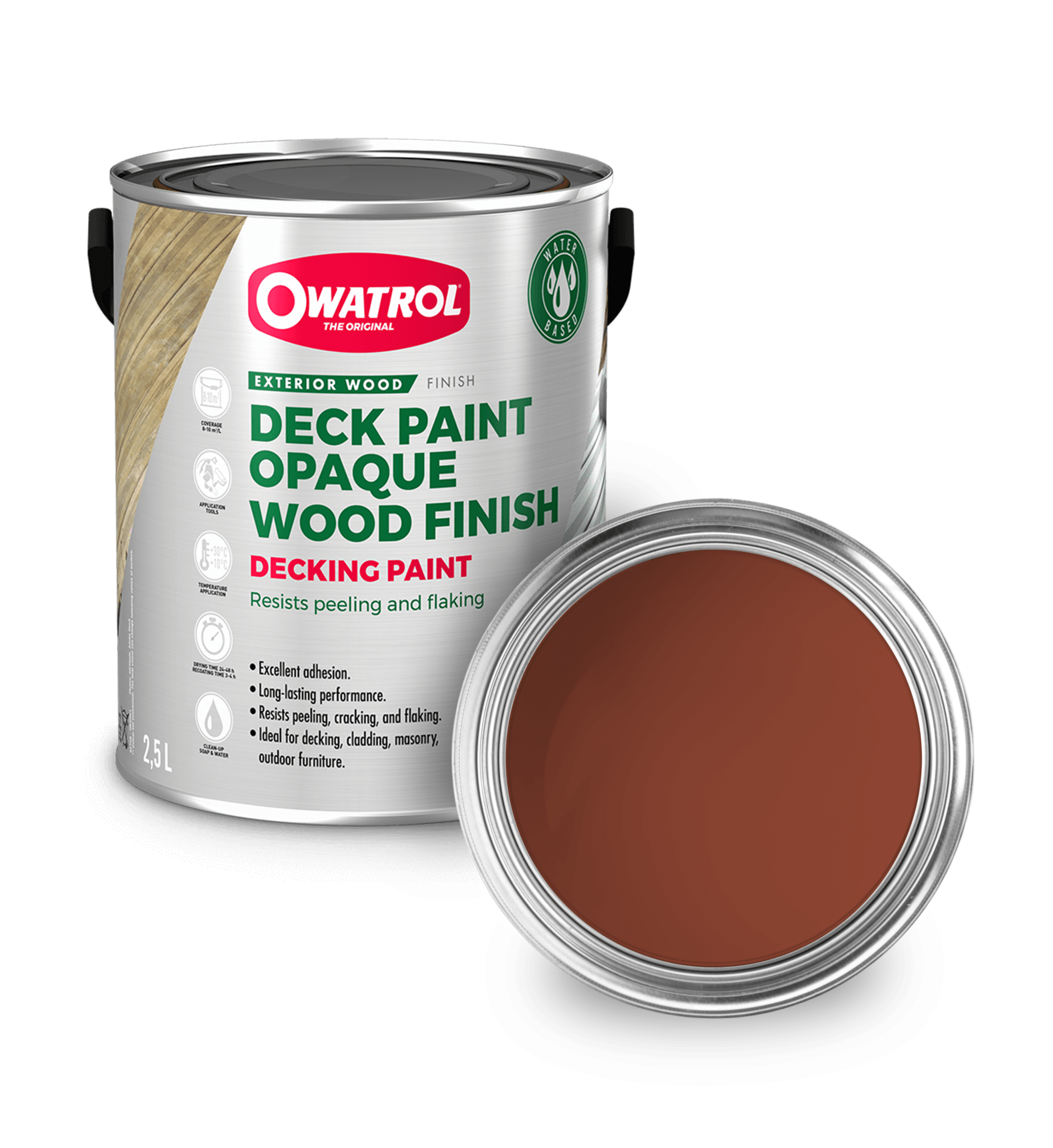 Deep Red Decking Paint swatch with tin