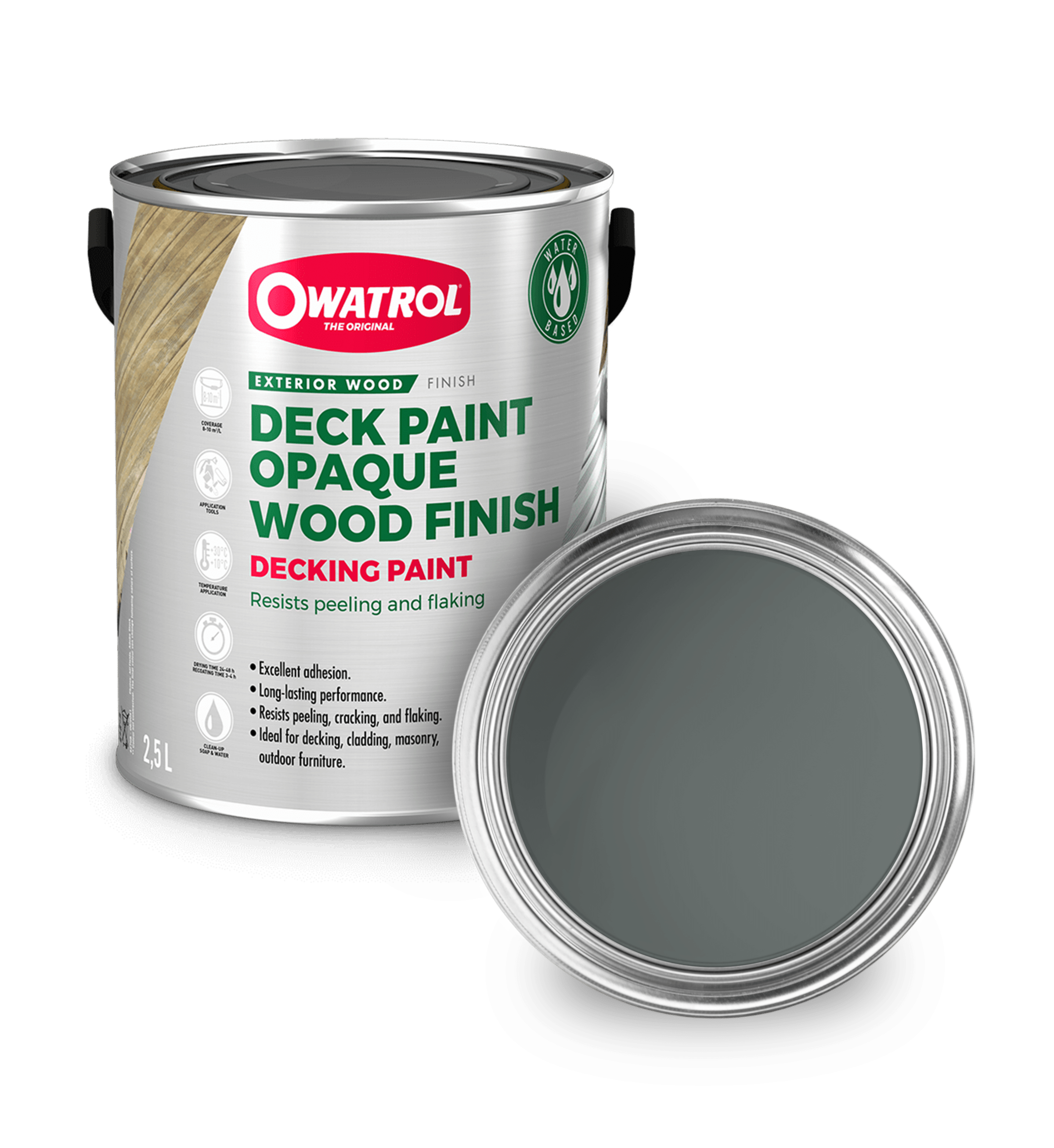 Grey Decking Paint swatch with tin