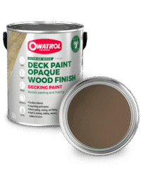 Mid Brown Decking Paint swatch with tin