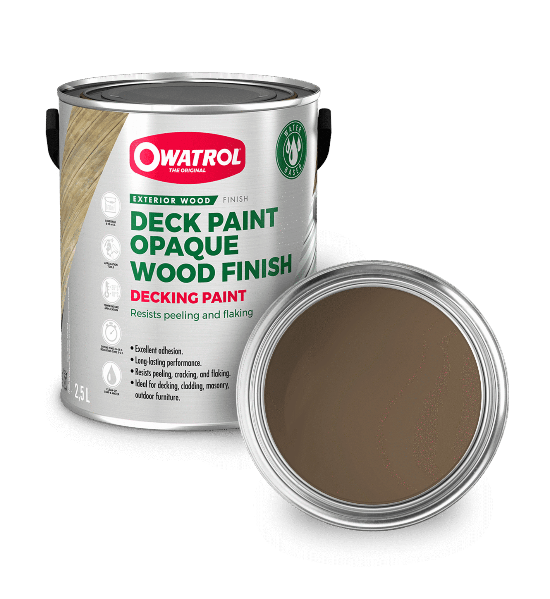Mid Brown Decking Paint swatch with tin