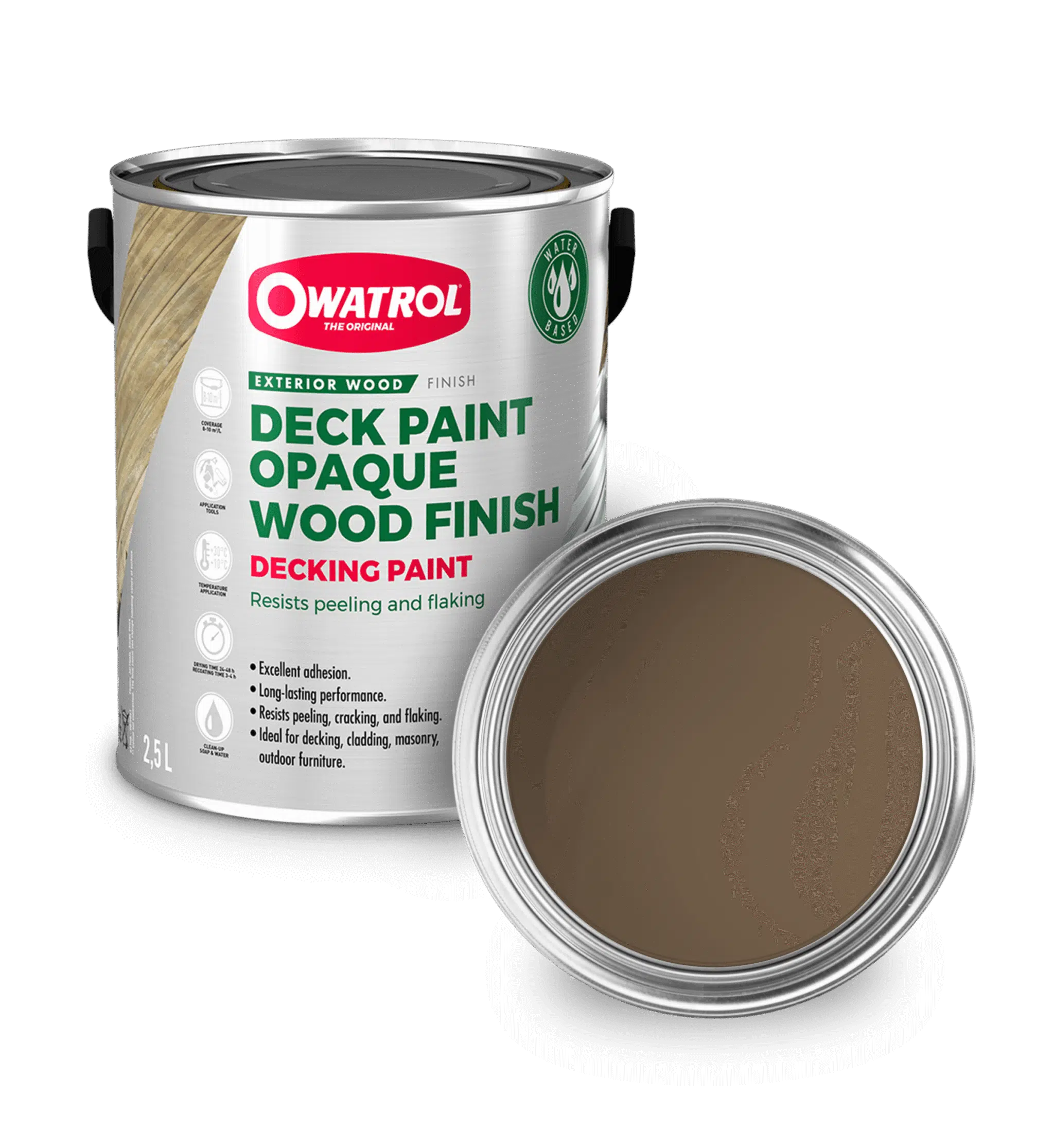 Mid Brown Decking Paint swatch with tin