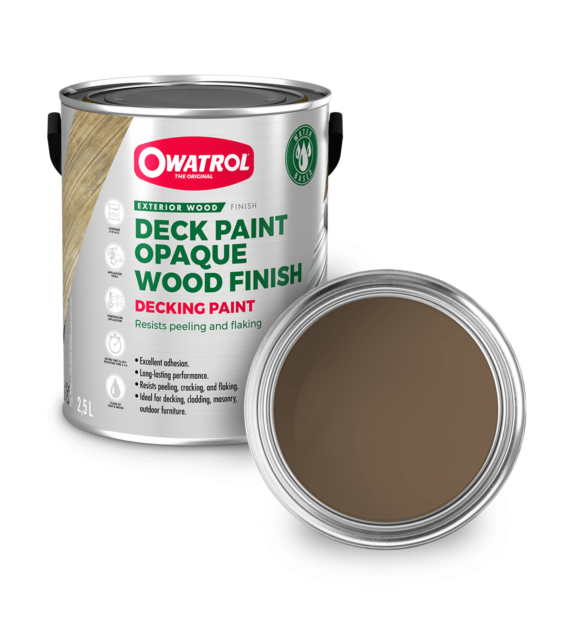 Mid Brown Decking Paint swatch with tin