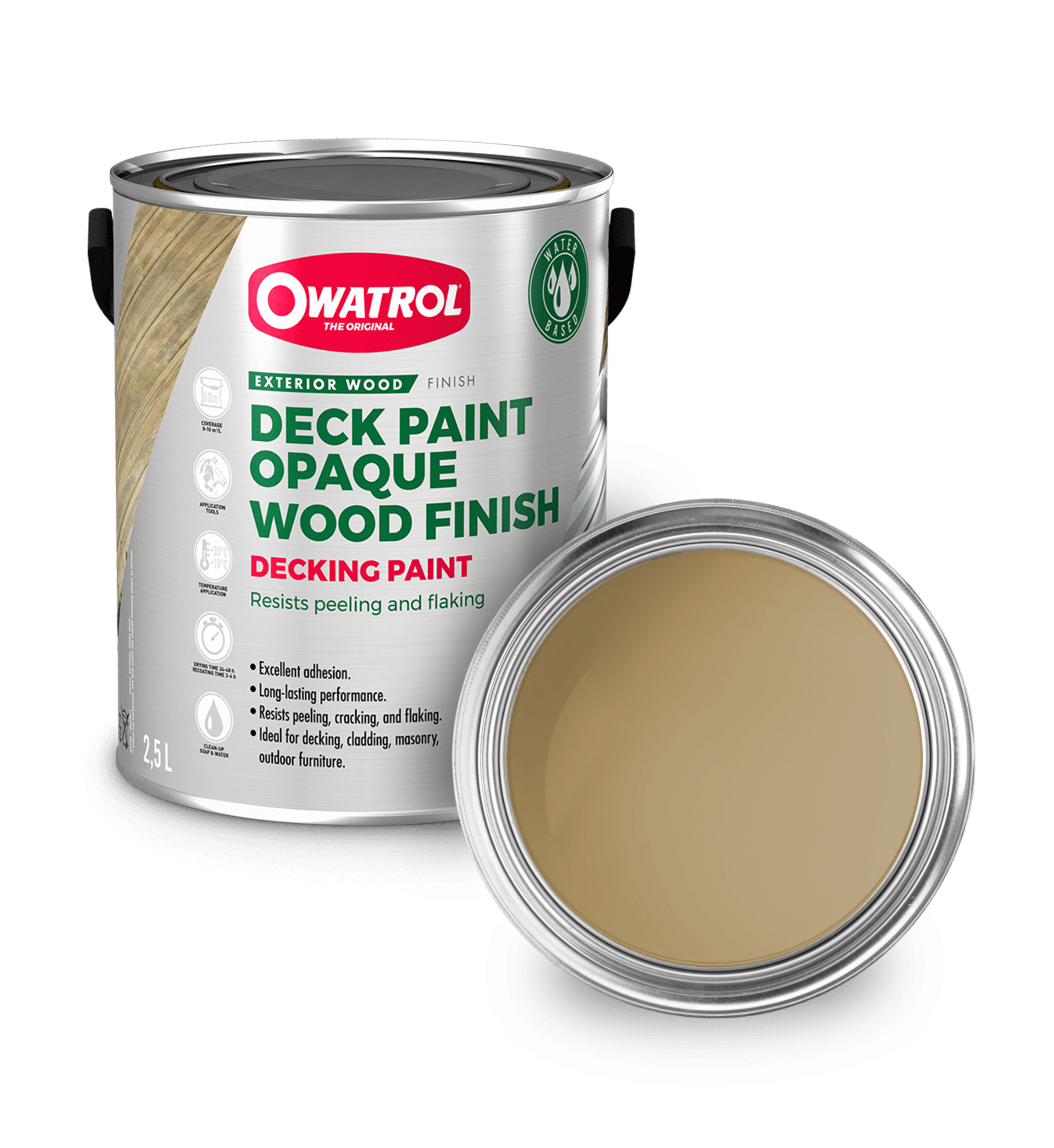 Olive Decking Paint swatch with tin