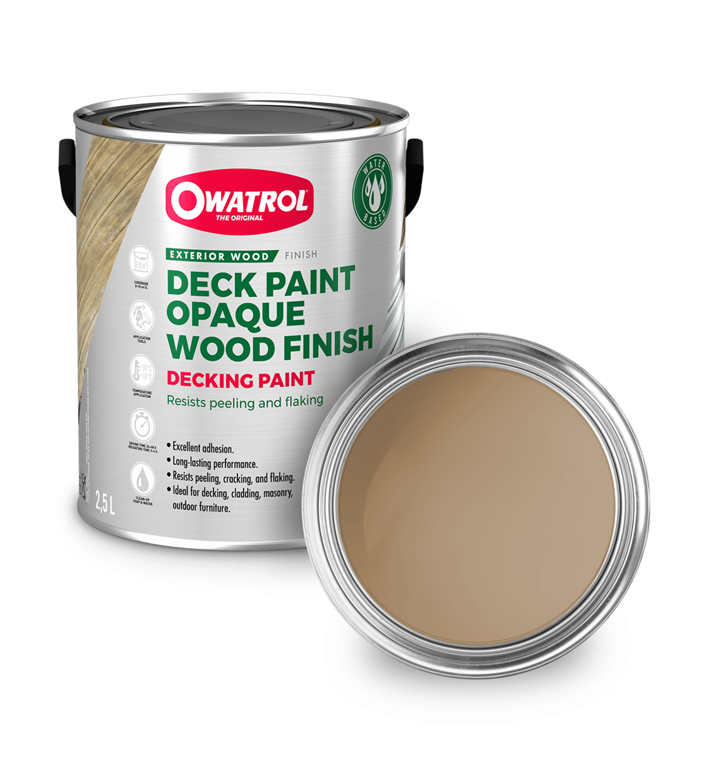 Prairie Dust Decking Paint swatch with tin