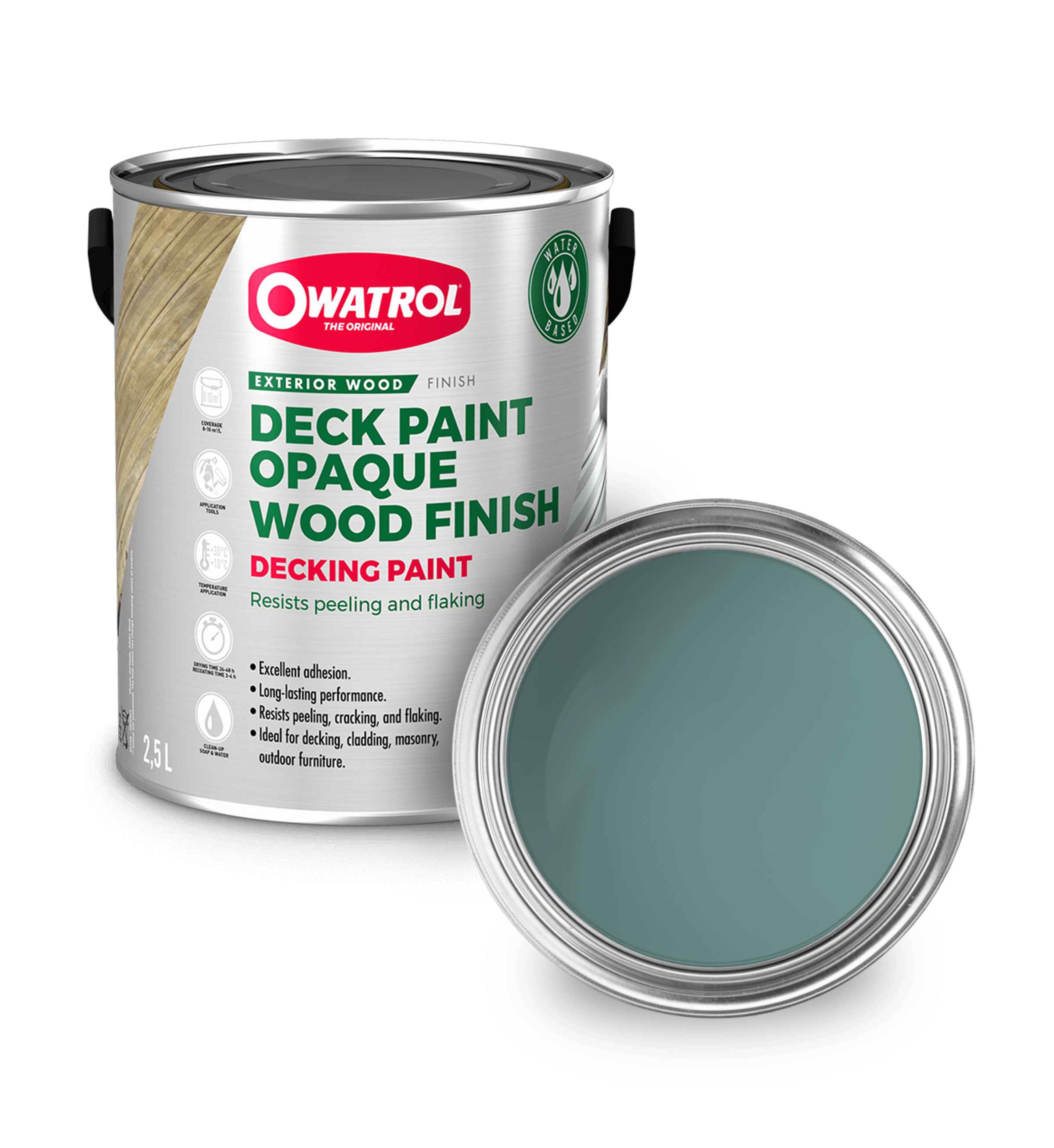 Sea Blue Decking Paint swatch with tin