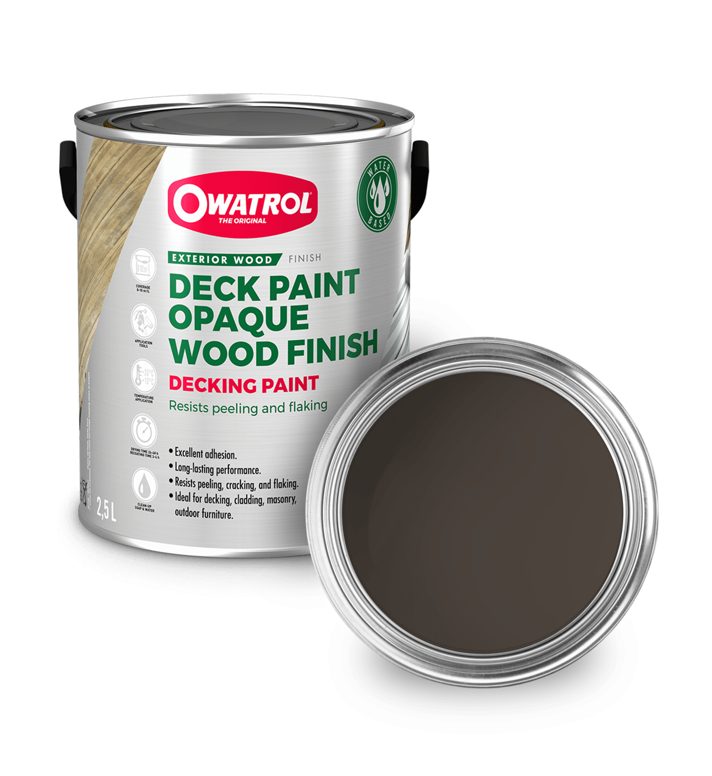 Traditional Oxford Brown Decking Paint swatch with tin