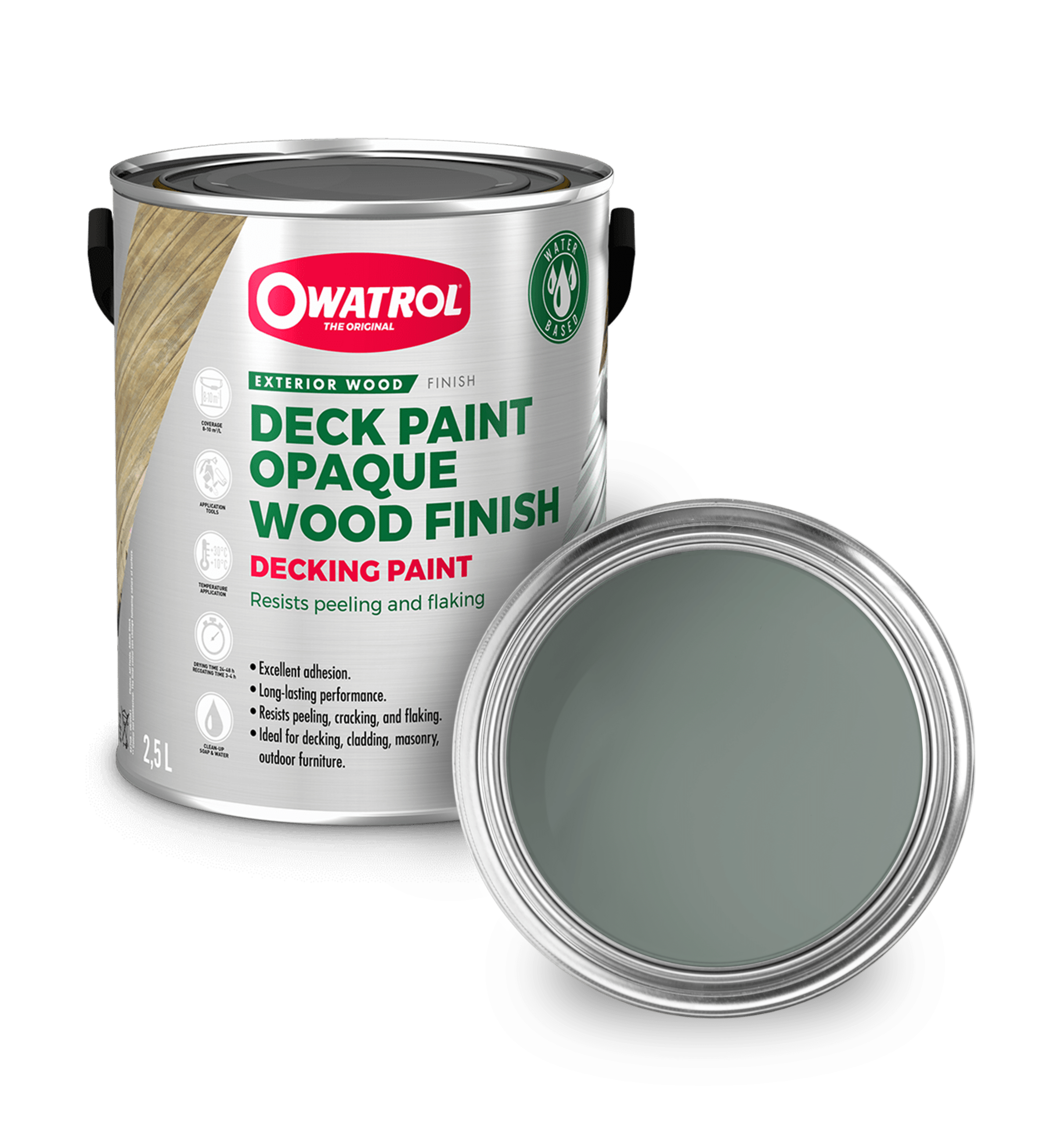 Wave Green Decking Paint swatch with tin