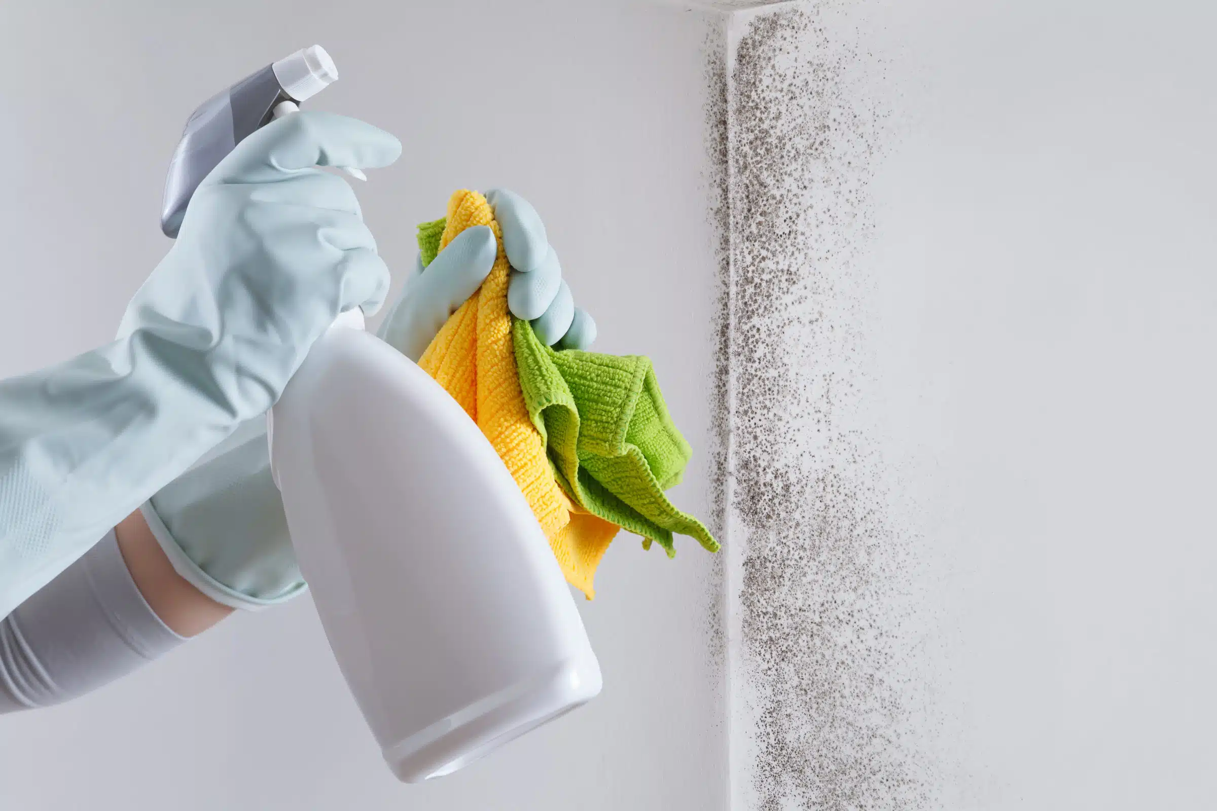 Hands with gloves and spray bottle in front of a wall with mould.