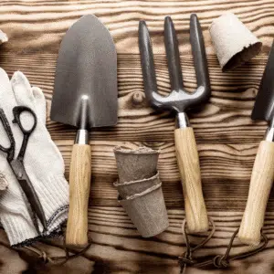 various garden tools on wooden table