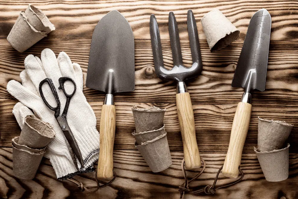 various garden tools on wooden table