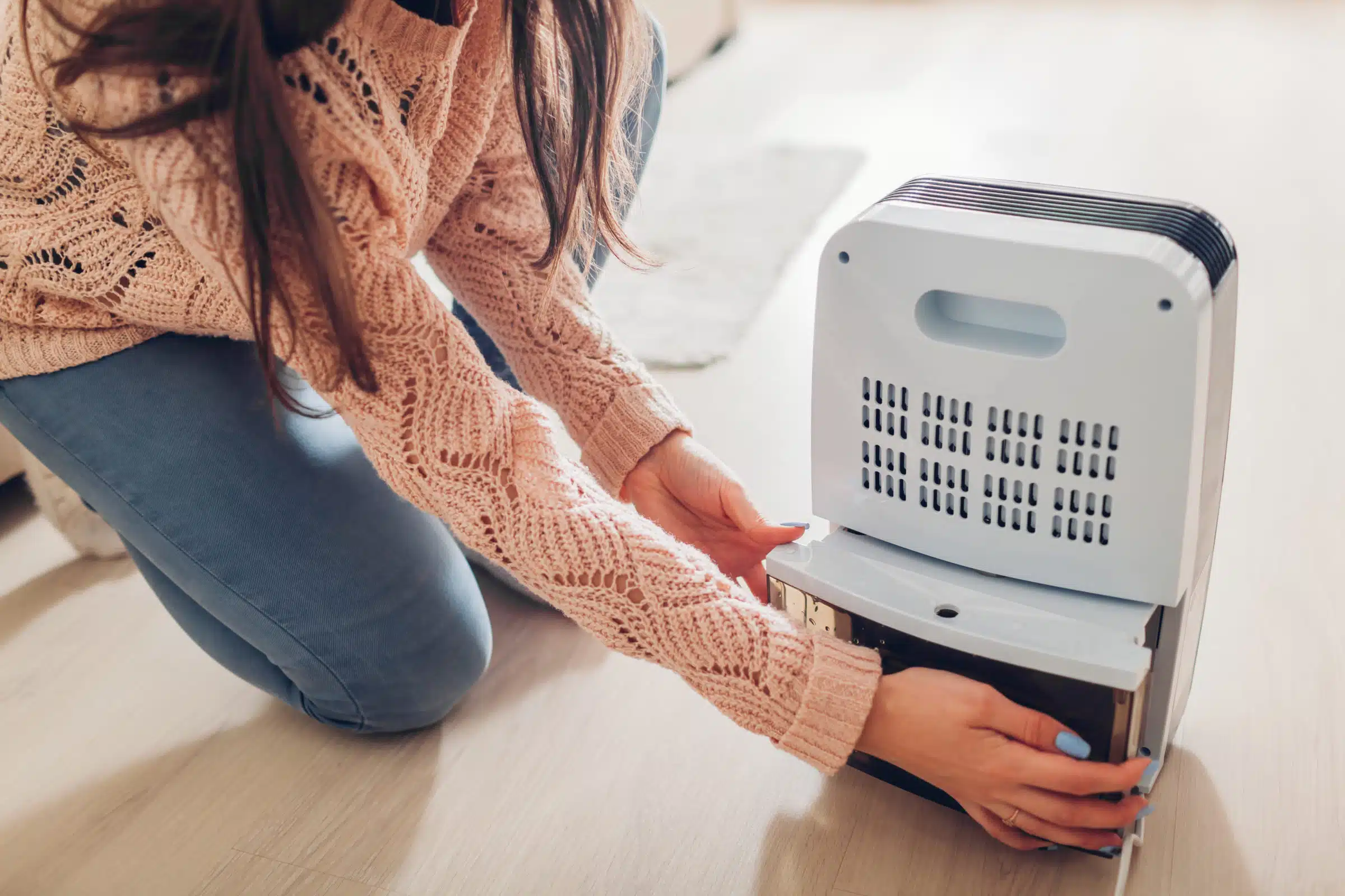 Lady emptying water container of a dehumidifier.