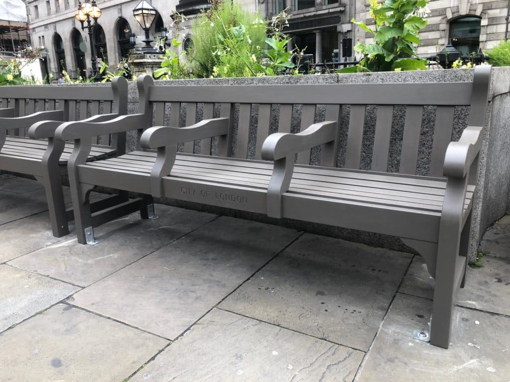 Westminster 1.95m seats installed outside London Bank, The Royal Exchange. Finished with Aquadecks in Graphite Grey