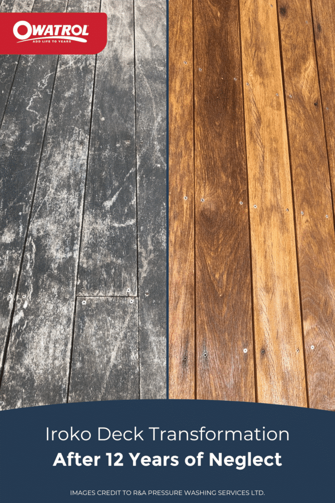 Iroko deck transformation after 12 years of neglect by R&A Pressure Washing Services - Pinterest
