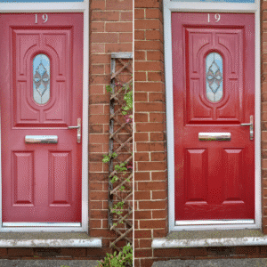 Before and after using Polytrol on a faded red front door