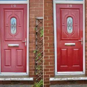 Before and after using Polytrol on a faded red front door