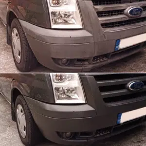 Before and after Polytrol on van bumpers